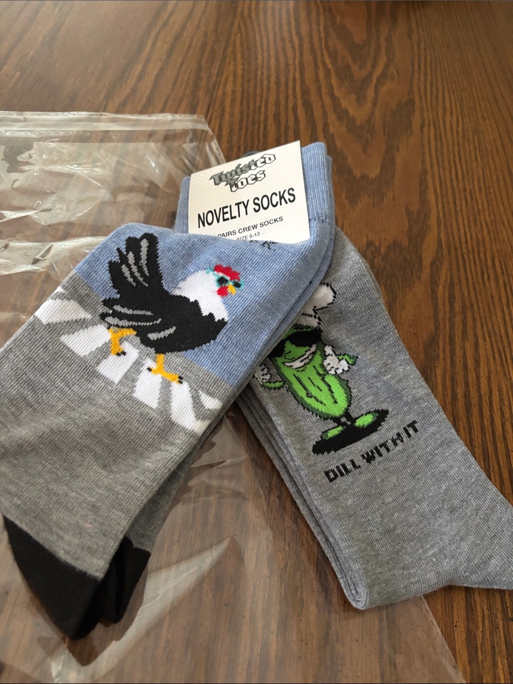 Twisted Toes - 2 pair men’s socks with Rooster and dill pickle Novelty Design